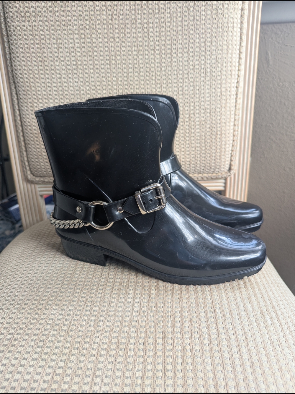 Marc by Marc Jacobs Black Glossy Rain Ankle Boots with Buckle & Chain